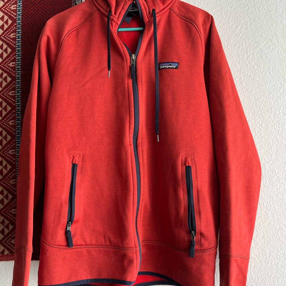 Patagonia Red Fleece Hoodie with Navy Trim